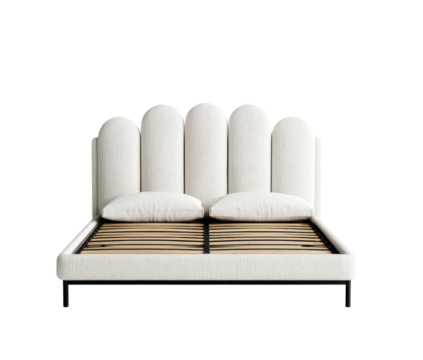 White upholstered bed with scallop headboard and wood slat frame