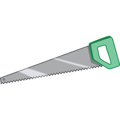 Green Handled Hand Saw With Silver Blade And Sharp Teeth Isolated On White Background