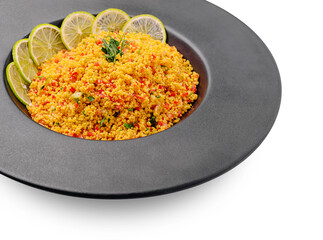 Colorful couscous dish garnished with lime slices in a black bowl