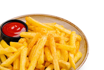 Crispy golden fries served with rich tomato sauce in stylish plate