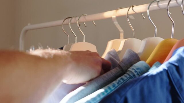Close-up view of male hand runs across shirts hanging on clothes rack. Choosing shirt from wardrobe. Dressing process before going out. Morning routine. Real-time footage