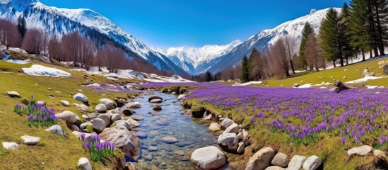 detailed scenic landscape, mountains covered in snow, rolling green hills, river flowing through the landscape, purple wildflowers in the foreground, rocky shore, evergreen trees, bright blue sky with