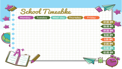 Creative school timetable template vector design featuring hand-drawn classical school elements such as books, pencils, rulers, clocks, backpacks, paint brushes, and paper sheets.