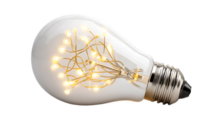 Illuminated lightbulb with string lights 3d rendered, isolated on transparent background