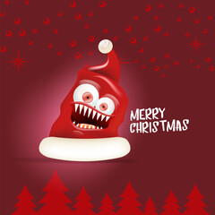 Vector cartoon monster Santa Claus red hat with grinch face on abstract red Christmas background. Merry Christmas greeting card and banner with funny crazy monster Santa Claus hat. Santa hat