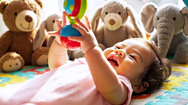 A baby reaches for a colorful toy, surrounded by stuffed animals, on a playful mat