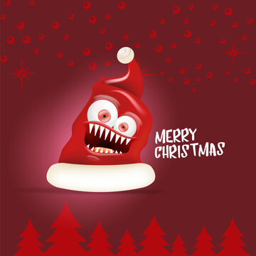 Vector cartoon monster Santa Claus red hat with grinch face on abstract red Christmas background. Merry Christmas greeting card and banner with funny crazy monster Santa Claus hat. Santa hat