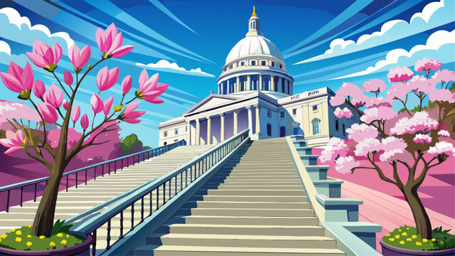 Very beautiful pink magnolia and redbud flowers blooming beside stairs leading to the north side of the domed Missouri State Capitol building in Jefferson City, under a clear blue sky, capturing elega