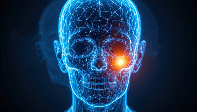 Dynamic blue network human head with glowing eye, representing health, neurology, and futuristic technology with digital connections and medical innovation - Powered by Adobe