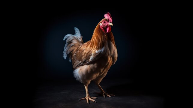 colorful rooster, dramatic lighting, dark background, vibrant feathers, avian portrait, close-up, photorealistic, 8K, highly detailed
