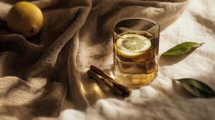 Warm Lemon Tea with Cinnamon in Natural Sunlight on Cozy Fabric.