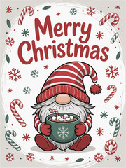 Cheerful Christmas card illustration of a cozy gnome in a red-and-white hat holding hot cocoa with marshmallows, surrounded by snowflakes and candy cane stripes in festive colors