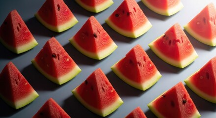 Symmetrical arrangement of watermelon slices, cut into triangular shapes, on a neutral surface.