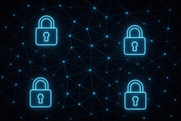 Futuristic digital locks interconnected in a network, symbolizing cybersecurity, data protection, and technological advancement in safeguarding information.