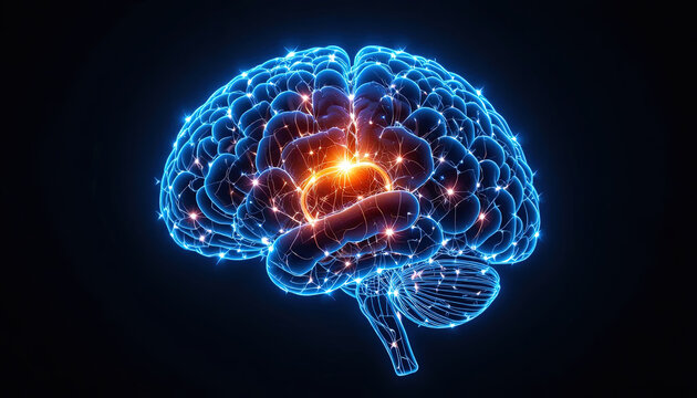 Brilliant human brain illuminated, showcasing intelligence and cognitive function for science, medicine, or technology innovations and neurological research