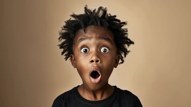 Surprised boy on warm tan backdrop, open‑mouth reaction captured in crisp studio light &mdash; a versatile facial expression clip for kids brands, learning products, family entertainment, and humorous socia
