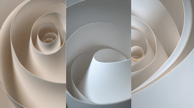 A close-up view presents a triptych featuring intricate paper sculptures with swirling, spiral forms, showcasing gradients of white, beige, and shadow