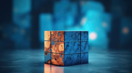 A reflective cube, split into smaller cubes, with one cube featuring a fiery, molten orange center against a backdrop of cool, deep blue tones, creating a striking contrast and sense of duality.
