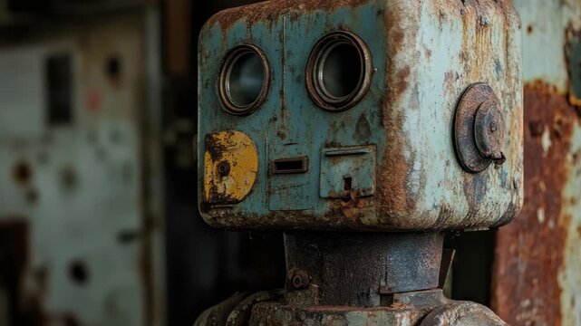 A weathered robot stands in an industrial setting, highlighting its rusted exterior and vintage design. The robot seems to tell a story of its past with faded colors and historical charm.