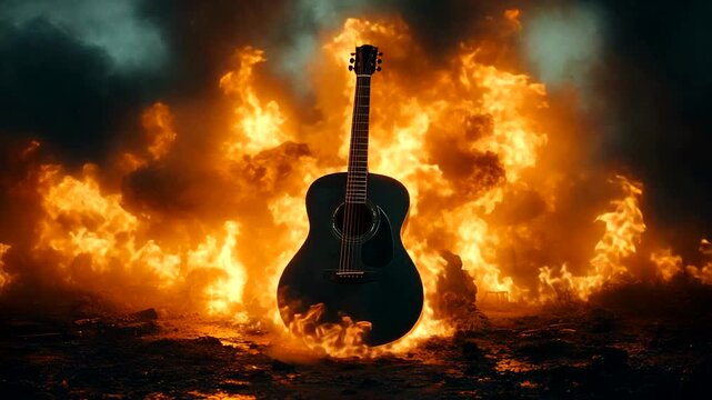 Acoustic guitar surrounded by flames in dramatic scene