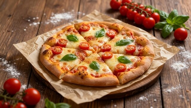 Rustic Italian Margherita pizza on wooden board with burlap - Powered by Adobe