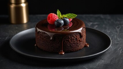 Minimalist presentation of a chocolate cake on a dark slate plate, soft spotlight highlighting its glossy finish and rich texture.