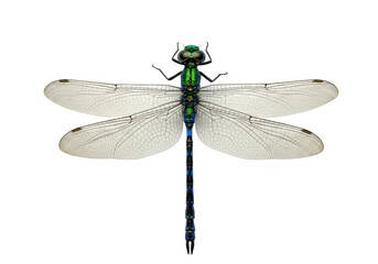 Isolated Iridescent Dragonfly Specimen with Detailed Wings in a Striking Overhead Composition