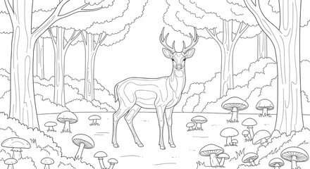 Forest Scene with Deer and Mushrooms - Outline Drawing for Coloring