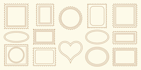 postage stamp outlines, blank wavy edge frames, minimalist line art borders for correspondence, postal themes, and retro mail design elements