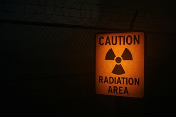 Warning sign indicating radiation danger in a desolate area, symbolizing environmental hazards, safety protocols, and awareness of radioactive materials.