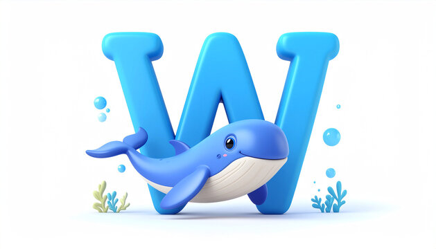 3D Whale Cartoon with Alphabet Letter W on White Background