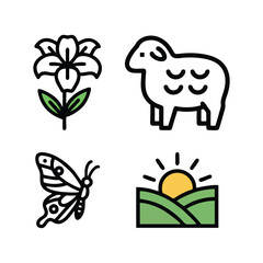 Spring & Nature Icon Set: Lily Flower, Lamb, Butterfly, Sunrise Landscape, and Easter Symbols