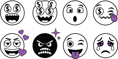 Expressive emoji faces showcase emotions like joy, love, shock, and money