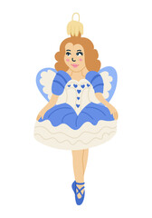 Elegant ballerina ornament in blue and white dress with heart details and wings. Hand drawn vector illustration symbolizing grace, dance and festive decoration