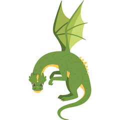 Green pixel art dragon with yellow accents and wings spread against a transparent background