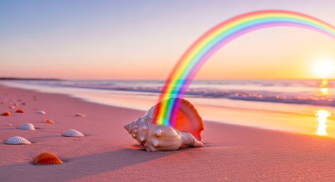 A seashell on a beach at sunset with a rainbow emanating from it, creating a magical and dreamy atmosphere by the ocean
