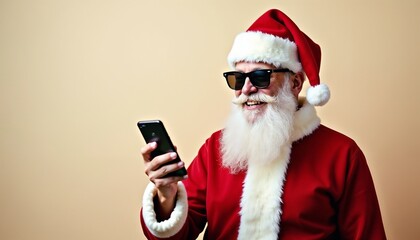 Senior Caucasian man with a white beard and glasses wearing a Santa Claus costume, holding a smartphone and smiling against a beige background.