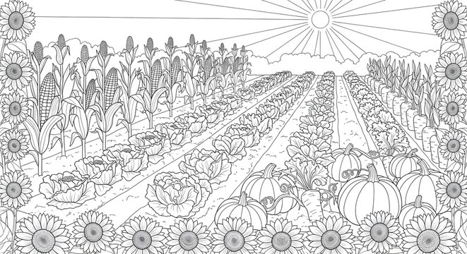Vibrant Vegetable Garden with Sunflowers and Corn Rows A Coloring Page for All Ages