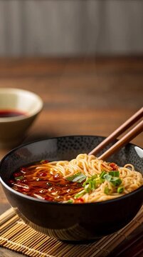 Spicy chili oil being drizzled over a steaming bowl of ramen, red droplets glistening, chopsticks resting on the bowl, warm indoor lighting