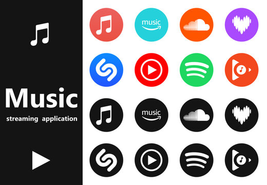 Collection of popular music streaming application logos in various styles, including youtube music, deezer, tidal, amazon music, spotify, soundcloud, shazam, pandora, and apple music