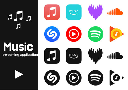 Collection of popular music streaming application logos in various styles, including youtube music, deezer, tidal, amazon music, spotify, soundcloud, shazam, pandora, and apple music (1)