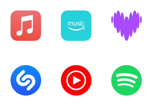 Collection of popular music streaming application logos in various styles, including youtube music, deezer, tidal, amazon music, spotify, soundcloud, shazam, pandora, and apple music (3)