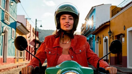 Young woman rides a scooter through a colorful street on a sunny day