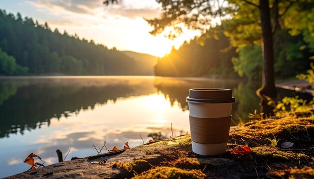Serene lakeside scene with a coffee cup in the foreground at sunrise, with trees and mountains in the background - Powered by Adobe
