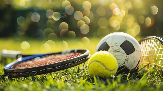 Assorted sports equipment on green grass.
