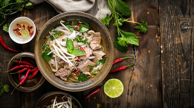 Delicious bowl of pho with fresh herbs.