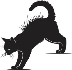A flat black silhouette vector illustration of a cat in an arched back, defensive posture with its fur bristled up, tail raised, and an intense expression.