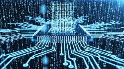 Digital data stream flowing into computer chip on circuit board, technology concept. - Powered by Adobe