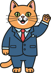 A friendly, orange cat cartoon character dressed in a blue business suit and red tie, waving with a raised paw, illustrated in a bold, flat vector style.