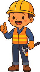Cute cartoon construction worker holding hammer and showing thumbs up wearing safety helmet and ves
